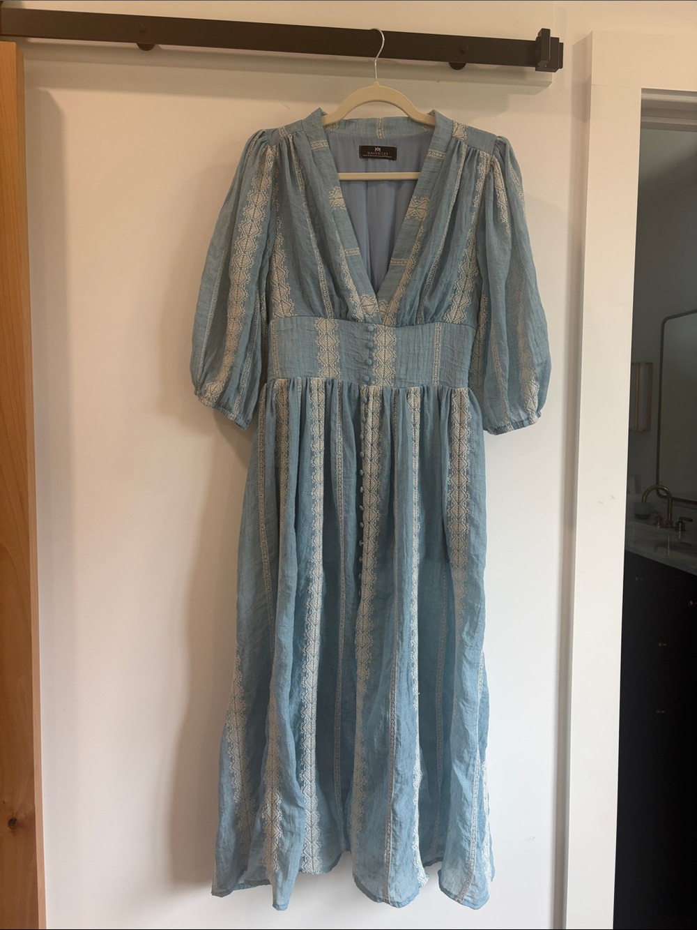 Boutique Western Boho Light Blue V-Neck Midi Dress with Cream Detailing